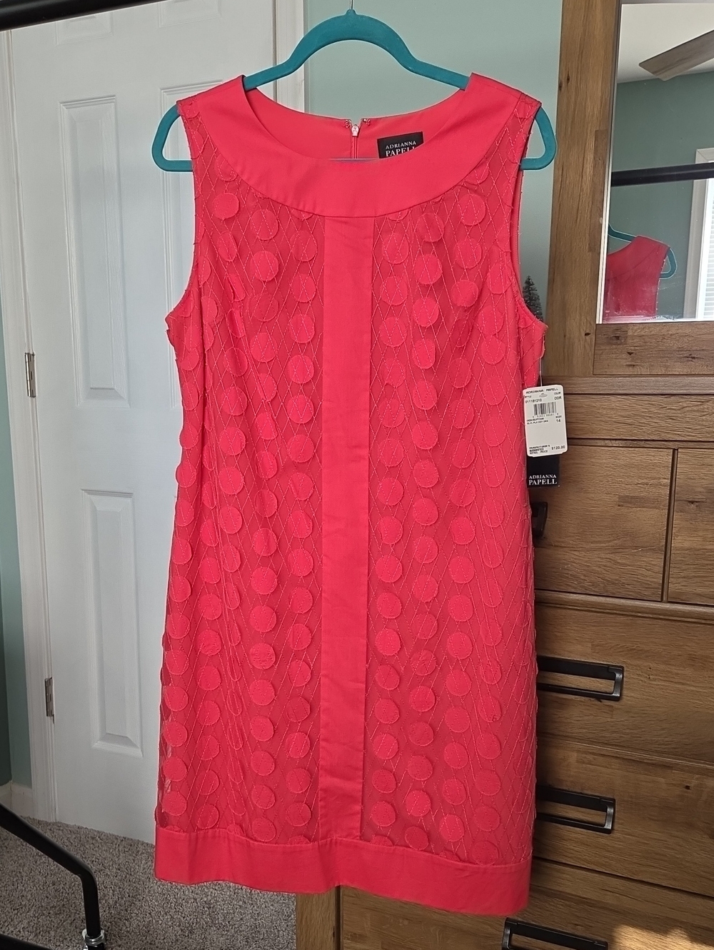 Adrianna Papell Coral Pink Sleeveless Dot-Textured Shift Dress